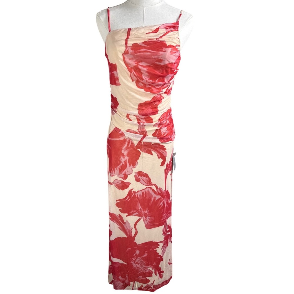 Petal + Pup Red Floral Mesh Ruched Maxi Dress US M NWT Slit Adjustable Straps